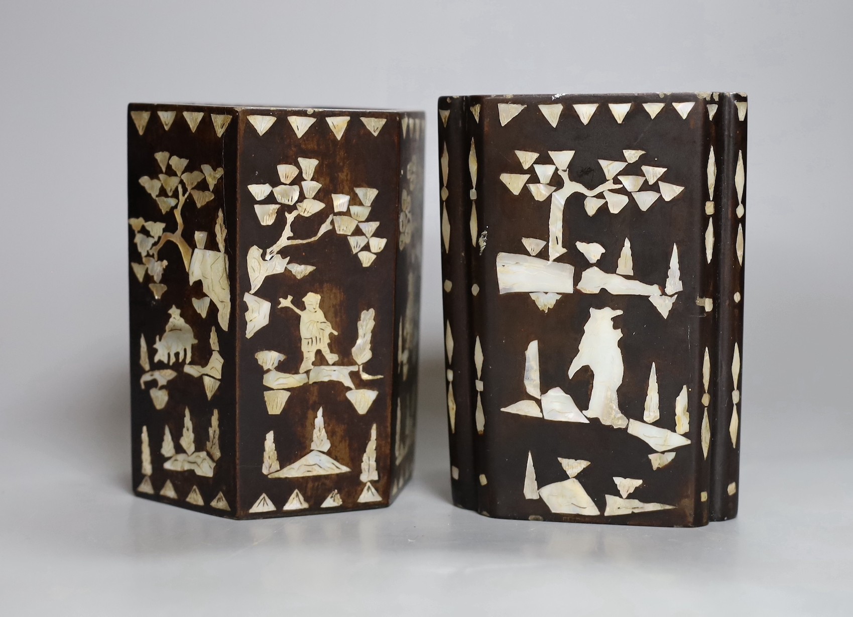 Two Chinese lacquer and mother-of-pearl brush pots, 14cm